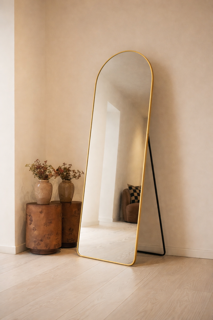 Espejo Pinterest – Espejo de cuerpo entero con diseño curvado y soporte de metal dorado (170 cm x 70 cm | 9 kg)